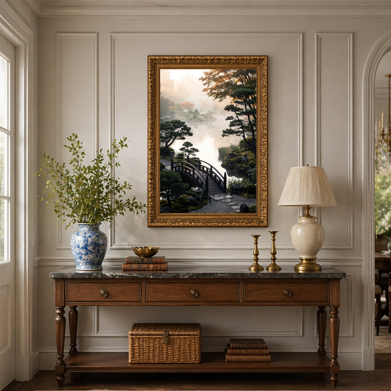 Art mural en bois, pont arqué en bois sur lac brumeux dans un jardin japonais, 30"H x 20"W