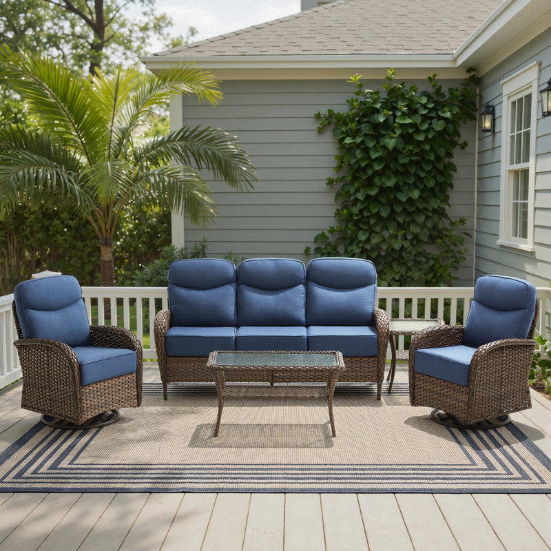 Alakai 5-Person Outdoor Garden Wicker Crescent High Backrest Conversation Set With Coffee Table, Blue