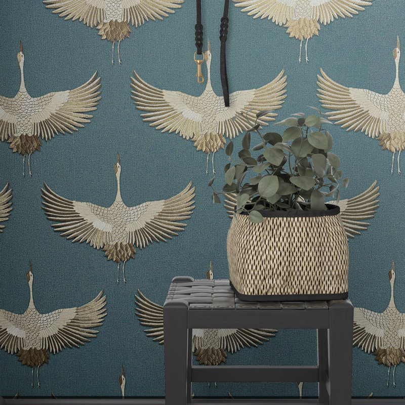 Kumano Pearleascent 3D Embossed Stork Design Wallpaper Roll, Blue