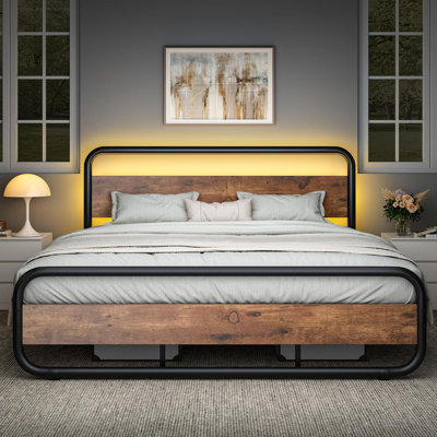 Metal  Bed Frame with LED Headboard and Footboard, Rustic Industrial Heavy Duty Wooden Platform Bed Frame with Under Bed Storage, Noise Free, No Box Spring Needed