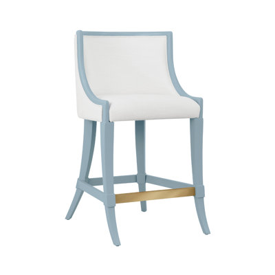 Tabouret de comptoir à pieds Klismos avec revêtement en lin blanc performance laqué bleu clair mat