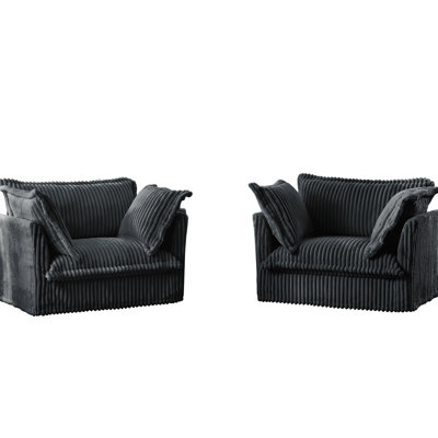 Of 2 Deep Seat Gray Corduroy Armchairs With Removable Covers And Natural Design - High Back Pillows, Soft Spacious Seating Large Pillows Luxurious Comfort, Elegant Design, Covers, Build