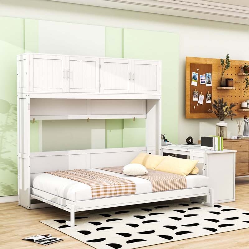 Queen Wall-Mounted Murphy Bed with Desk, Storage Cabinets and Shelves, White