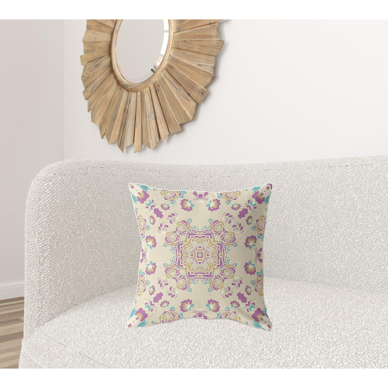 Coussin 20 po x 20 po, Blanc cassé / mauve / floral jaune