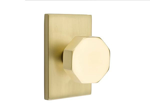 Ensemble de mortaise intérieure Emtek avec rosette rectangulaire moderne et poignée octogonale (LH), Laiton satiné
