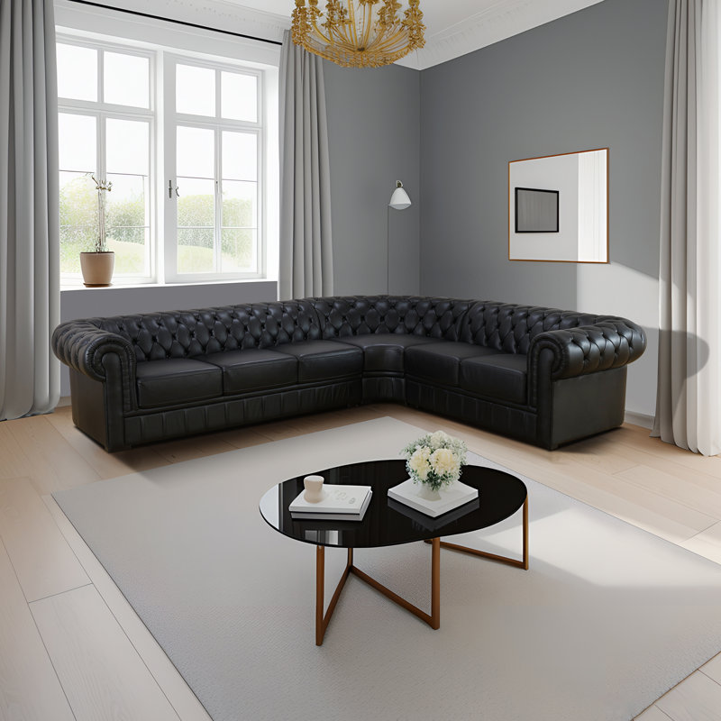 Sabria 117.5'' Leather Sofa, Black Genuine Leather