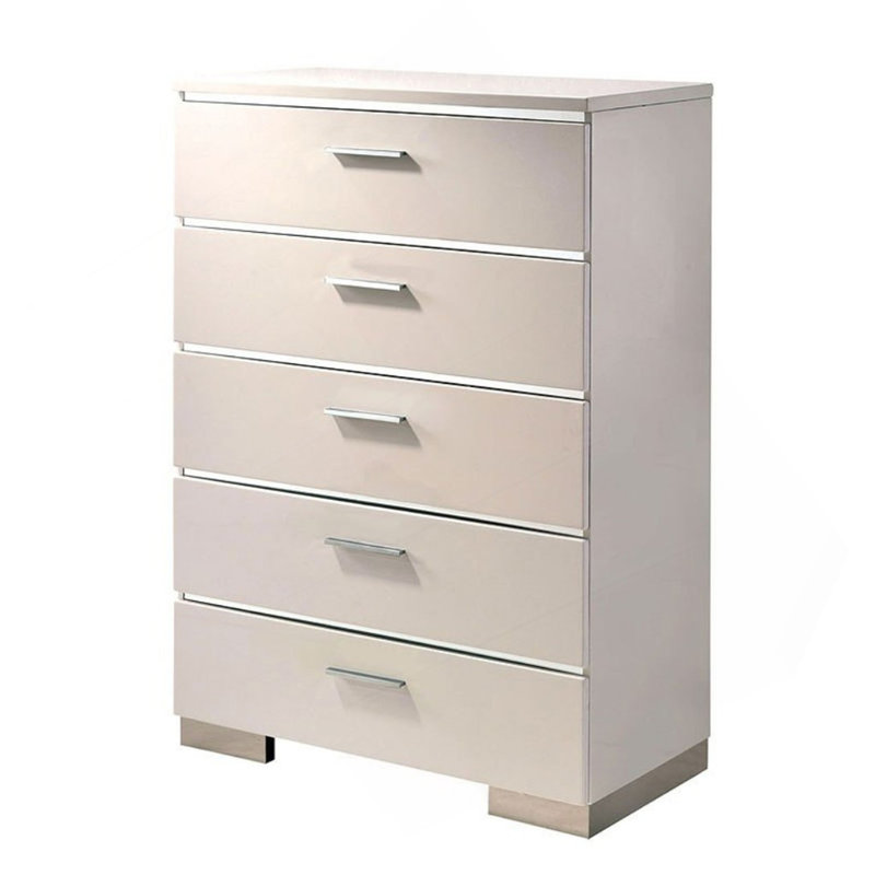 Commode 1 pièce à cinq tiroirs de style contemporain avec accents chromés blanc brillant et finition chromée