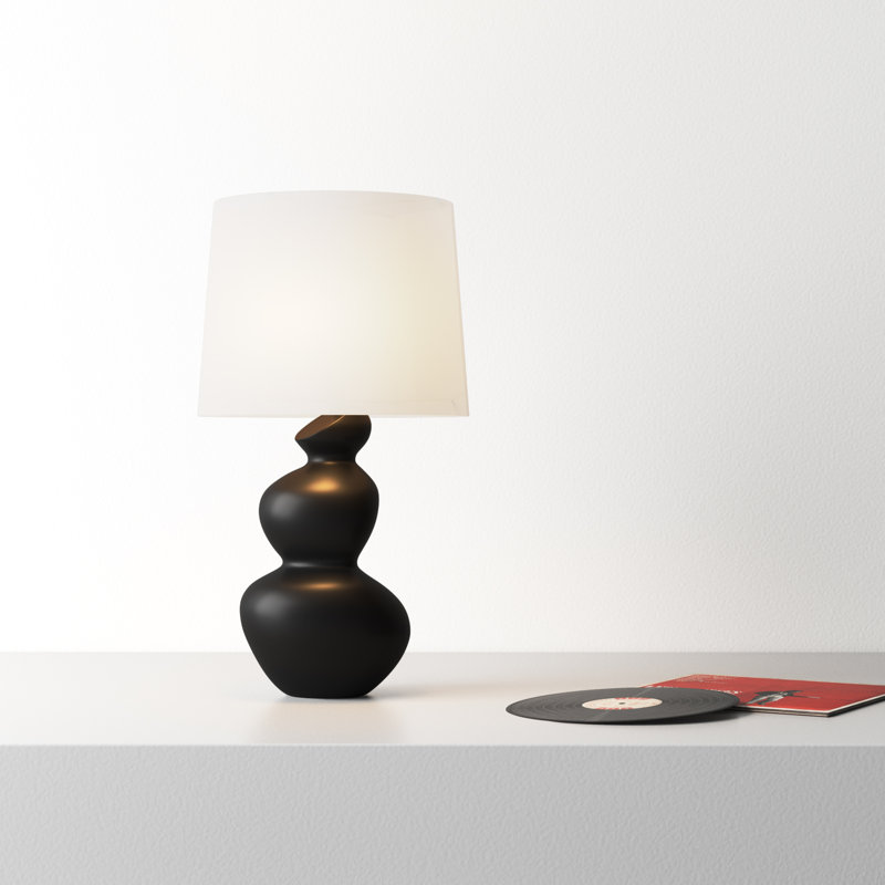 Satin Black Sculptural Table Lamp with White Linen Shade
