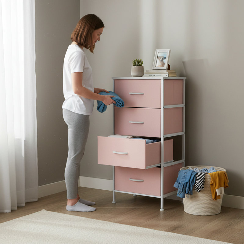 Enegess 4 Drawer Storage Dresser Chest, Pink/White