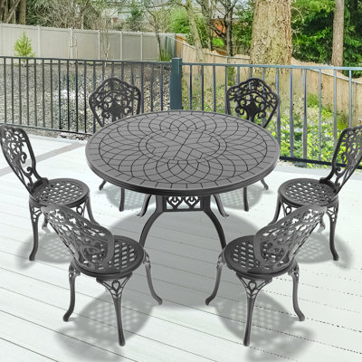 Table de jardin 7 places en aluminium, structure noire, ornements attrayants, grande résistance, assise ergonomique réduisant la fatigue, mobilier en aluminium moulé, superbes sculptures, résistant aux intempéries.