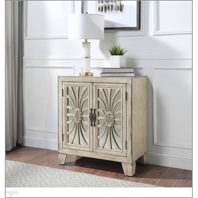 Console blanche antique avec portes en miroir, rangement élégant et spacieux pour tout décor