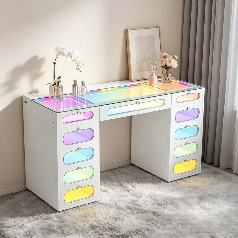 Makeup Vanity HD Glass Top Built-in LED Light Strips Large 11 Drawers Diamond Handles USB and Type-C, White