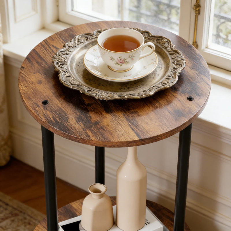 Table d'appoint ronde moderne avec rangement à 2 niveaux, table de bout compacte ou table de chevet pour le salon et la chambre à coucher, table d'appoint robuste à 3 pieds