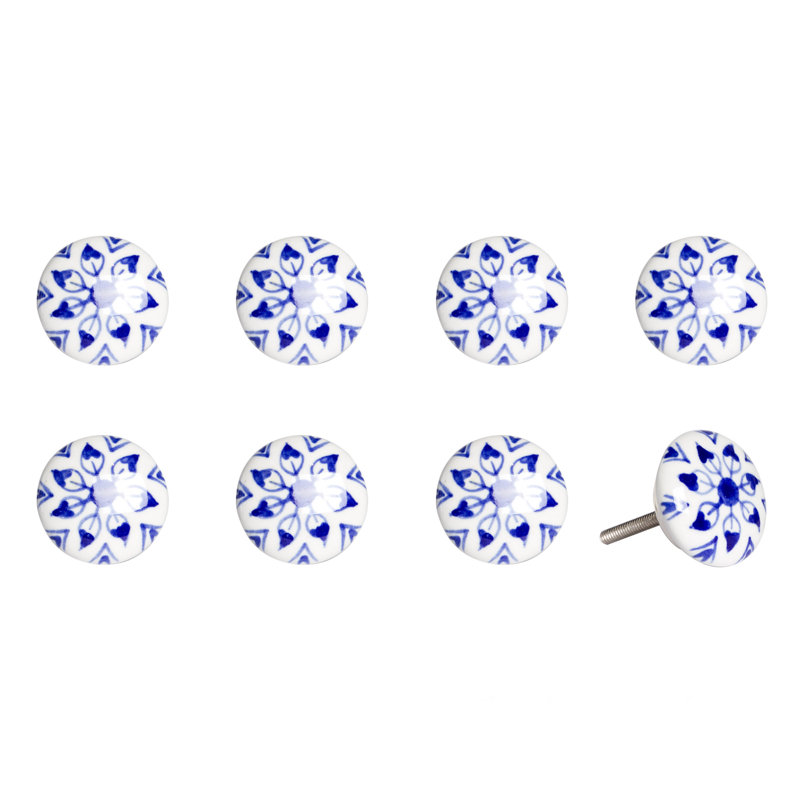 Ensemble de huit poignées de tiroir en céramique et en métal bleues et blanches