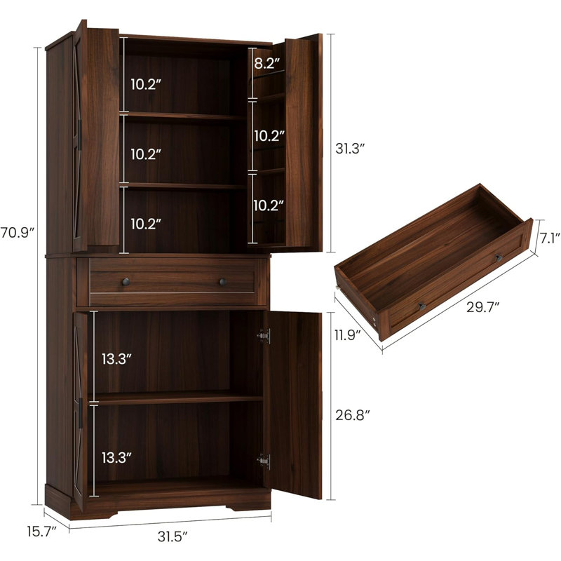 71" Tall Kitchen Pantry Cabinet with 4 Doors, 6 Shelves and 1 Drawer, Freestanding Storage Cabinet for Dining Room, Bathroom, Laundry Room and Living Room