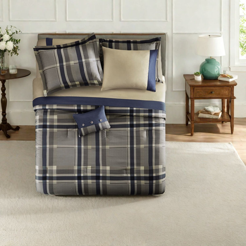 Ensembles de literie à carreaux en polyester bleu marine, confort élégant pour toute chambre à coucher