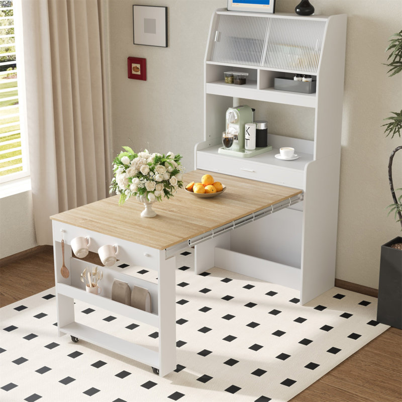 Buffet compact de 33,5 x 15,7 x 69 pouces avec huche et table de salle à manger pliable, armoire multifonctionnelle avec tablette de rangement et crochets latéraux pour petits espaces