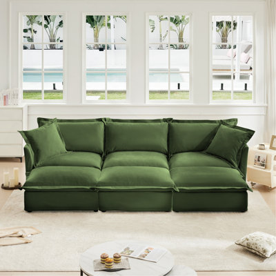 Living Room Sofa Slipcovered Sofa 3 Seater Sofa With 3 Ottomans, Oversized 3-Seat Sleeper Sofa Bed Home Theater Sofa, Chenille, Green