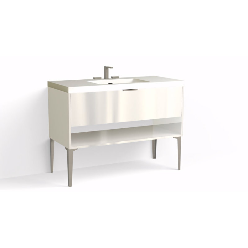Modo 48" W Freestanding Single Bathroom Vanity with Dean Leg, Matte White/8" Widespread, White Acrylic, Satin Nickel