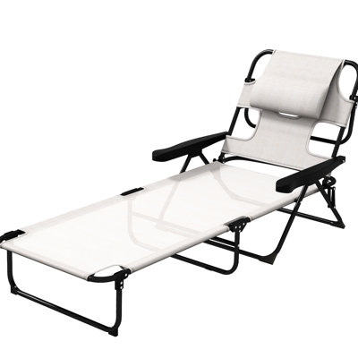 Beach Sun Tanning Chair, 4 Reclining Positions, Cream White, Face & Arm Holes, Pillow , Foldable Lounge, Adjustable White With