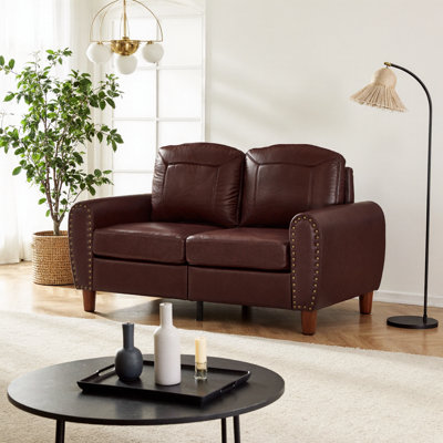 Nordic Classic Rolled Arm Faux Leather Sofa with Brass Rivets and Solid Wood Legs