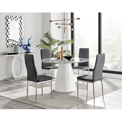 Beca Statement Pedestal Round Dining Table Set & 4 Luxury Velvet Dining Chairs
