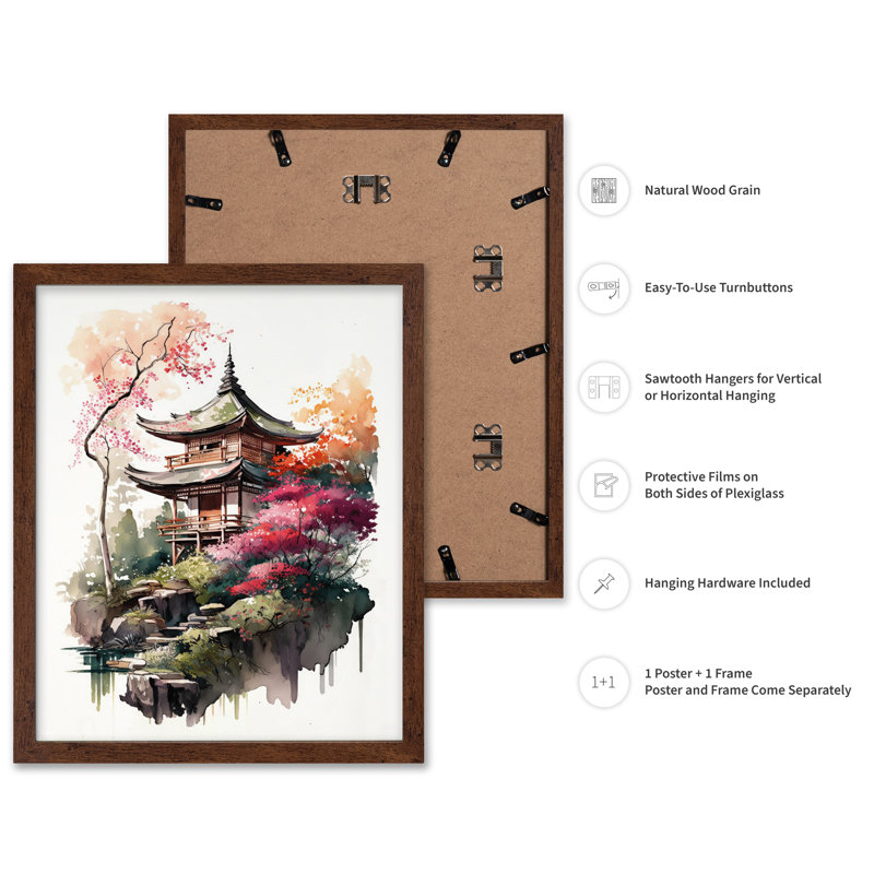Temple japonais, Affiche, H 24 po x l 32 po, Encadrement brun