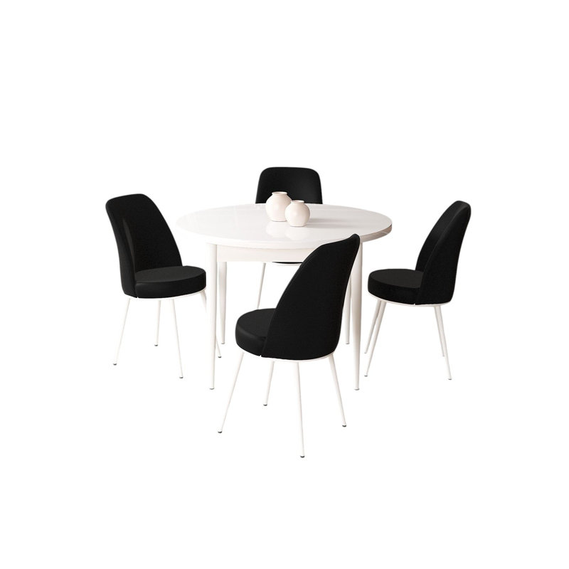 Ensemble de table et chaises de salle à manger moderne 5 pièces, blanc et noir | Table 35,4 x 29,5 x 35,4 po avec pieds en métal | 4 chaises: 17,7 po x 35,8 po x 16,5 po | 100% aggloméré mélaminé et tissu Jerry, élégant et durable