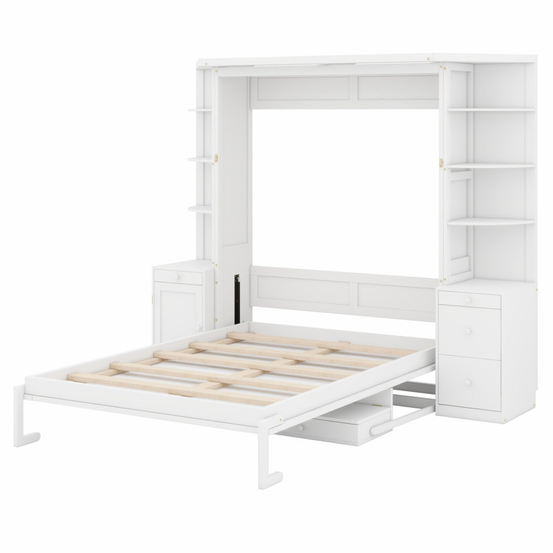 Lit escamotable multifonctionnel avec bureau, tablettes de rangement et armoires, Blanc