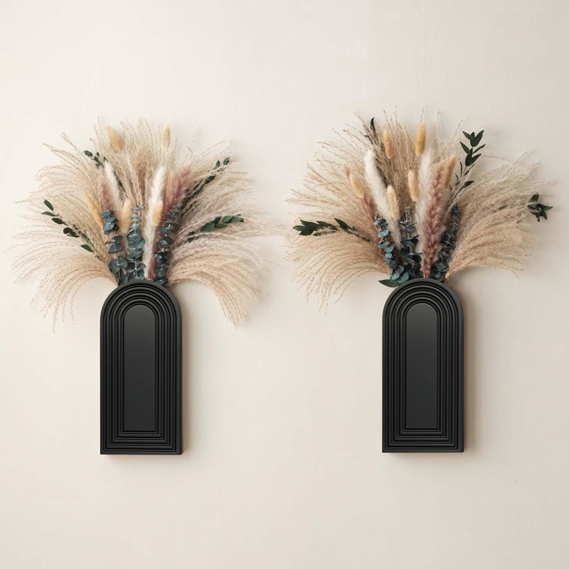 Ensemble de 2 vases muraux en bois avec de l'herbe de pampa eucalyptus, décoration murale bohème moderne pour salon, entrée, couloir, salle de bain, salle à manger, art mural noir pour la décoration intérieure