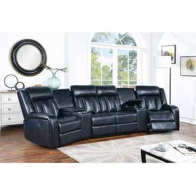 Ensemble de canapé inclinable en similicuir bleu marine avec deux consoles centrales