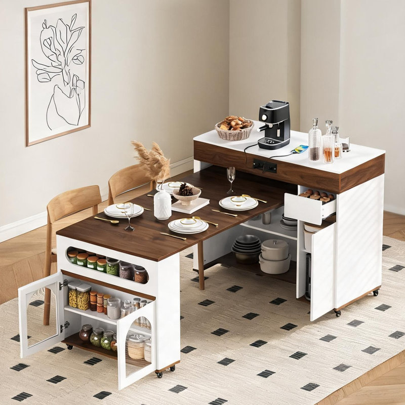 Table de salle à manger extensible avec rangement et prise de courant, îlot de cuisine roulant au fini blanc et noyer