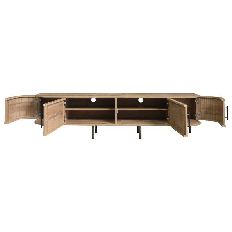 Meuble télé 70 po avec portes en rotin pour téléviseur de 80 po ou moins, console multimédia avec espace de rangement et trous pour câbles, meuble audio-vidéo pour salon