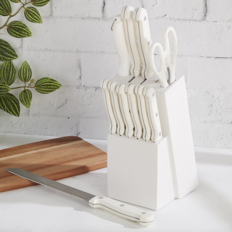 Ensemble de 12 couteaux de cuisine en acier inoxydable avec bloc de bois Basic Essentials, Blanc