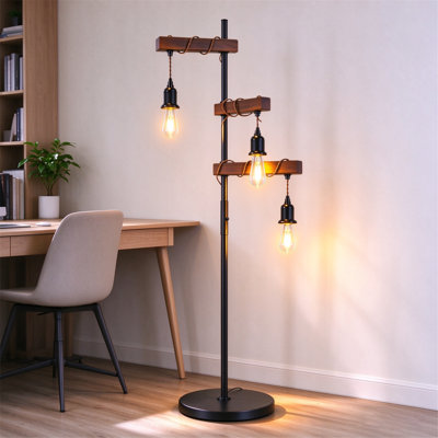 Lampe sur pied rétro 73 po, lampe sur pied Edison à 3 lumières à intensité variable, fabrication en bois massif et en métal noir, lampe rustique pour le salon, la chambre à coucher et la salle d'étude