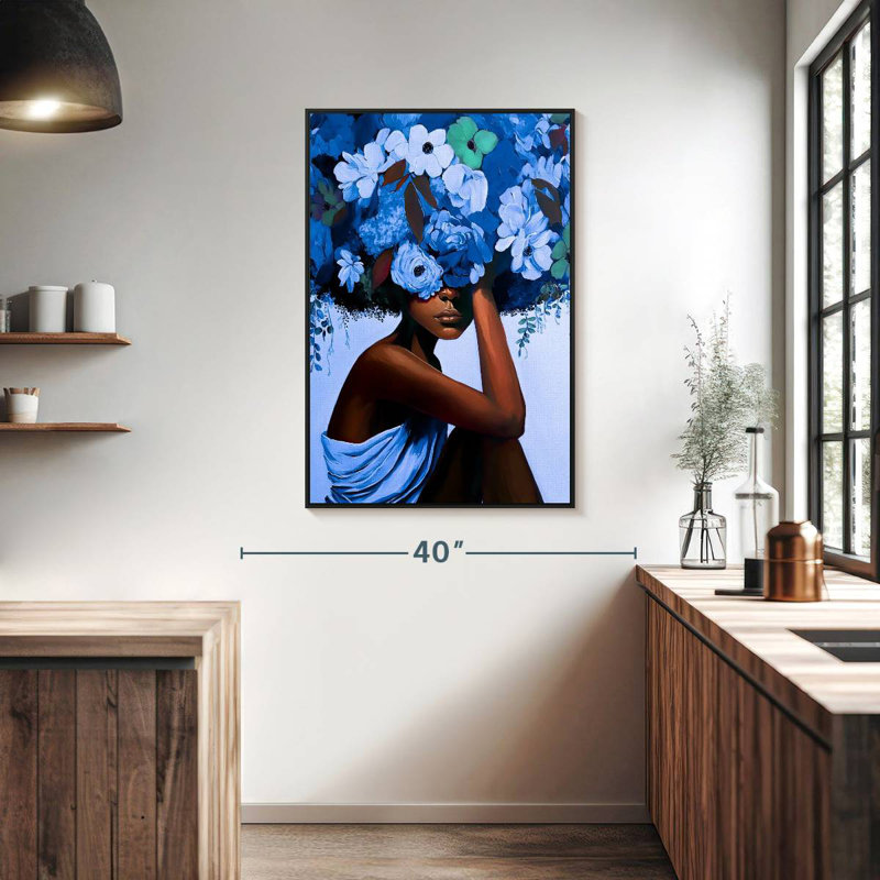 Fille aux cheveux bleus, Cadre flottant noir, 27 po x 40 po