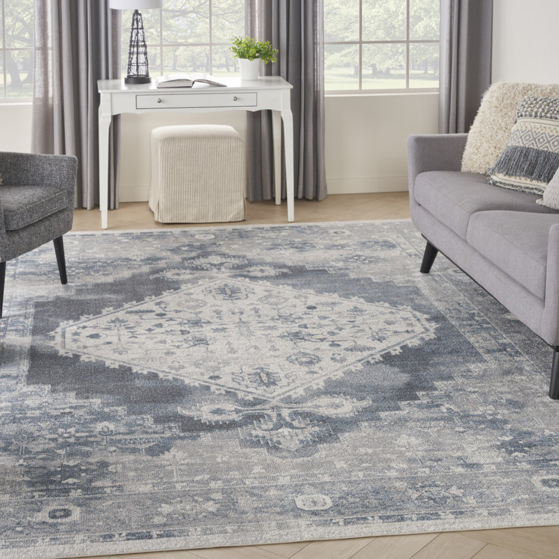 Tapis bleu / ivoire lavable en machine Privette, Rectangle 6 pi x 9 pi