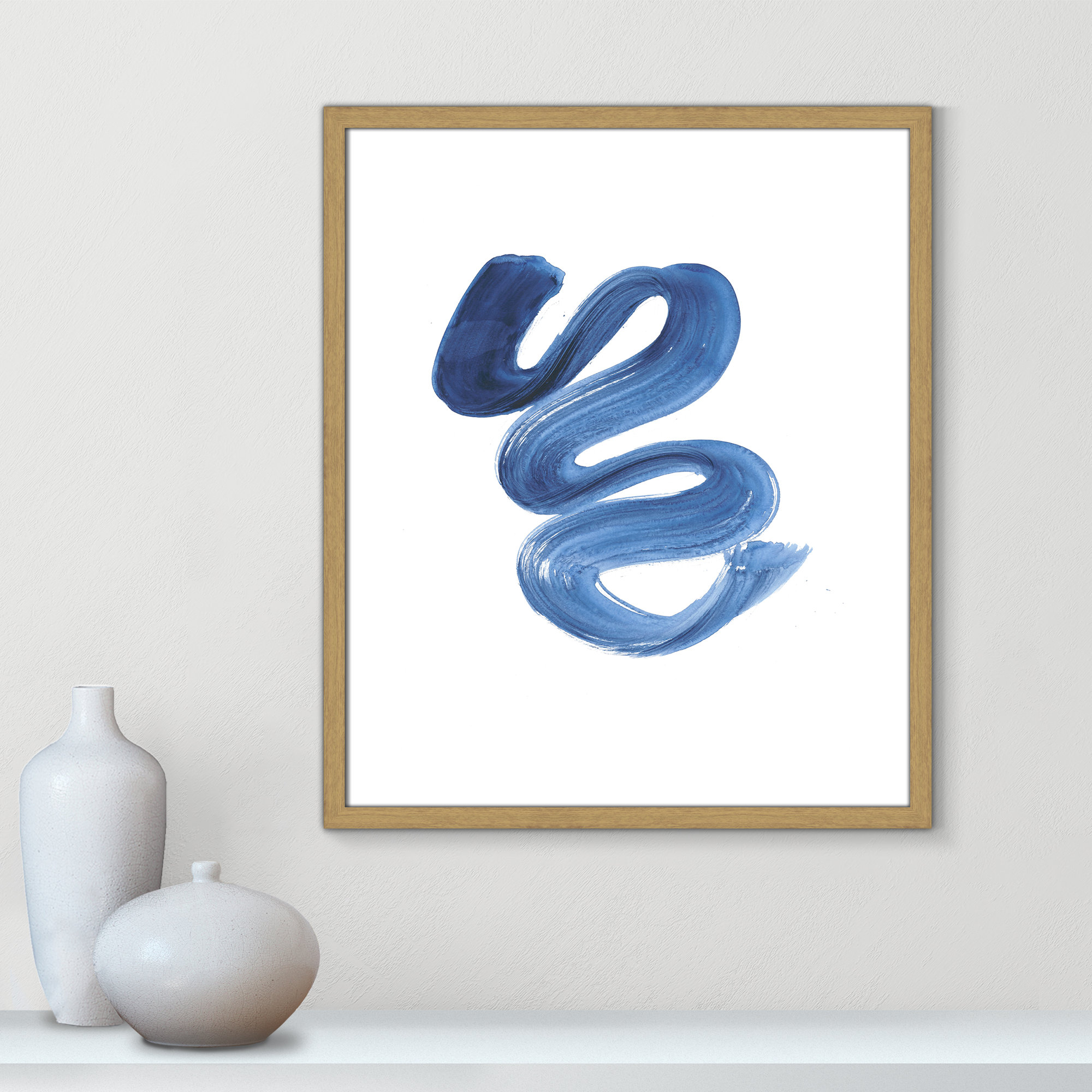 Slinky Indigo II by Filippo Ioco  - Painting Print, 25.5" H x 21.5" W x 0.75" D, Beige Wood Framed Paper