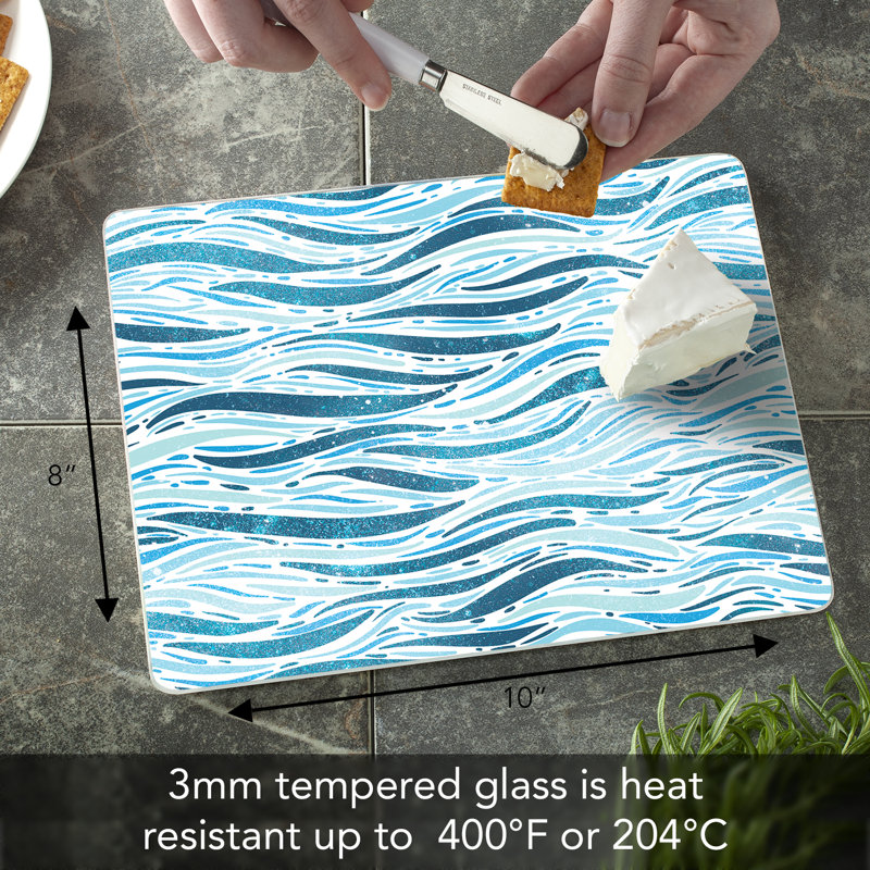 Wavy Waves Blue and White Tempered Glass Cutting Board 10" x 8"