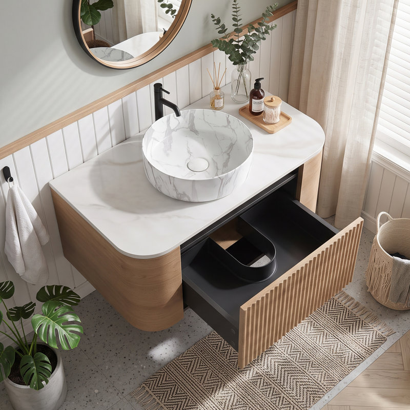 Wall Mounted Single Vanity Bathroom Vanity With Engineered Marble Top, Chêne