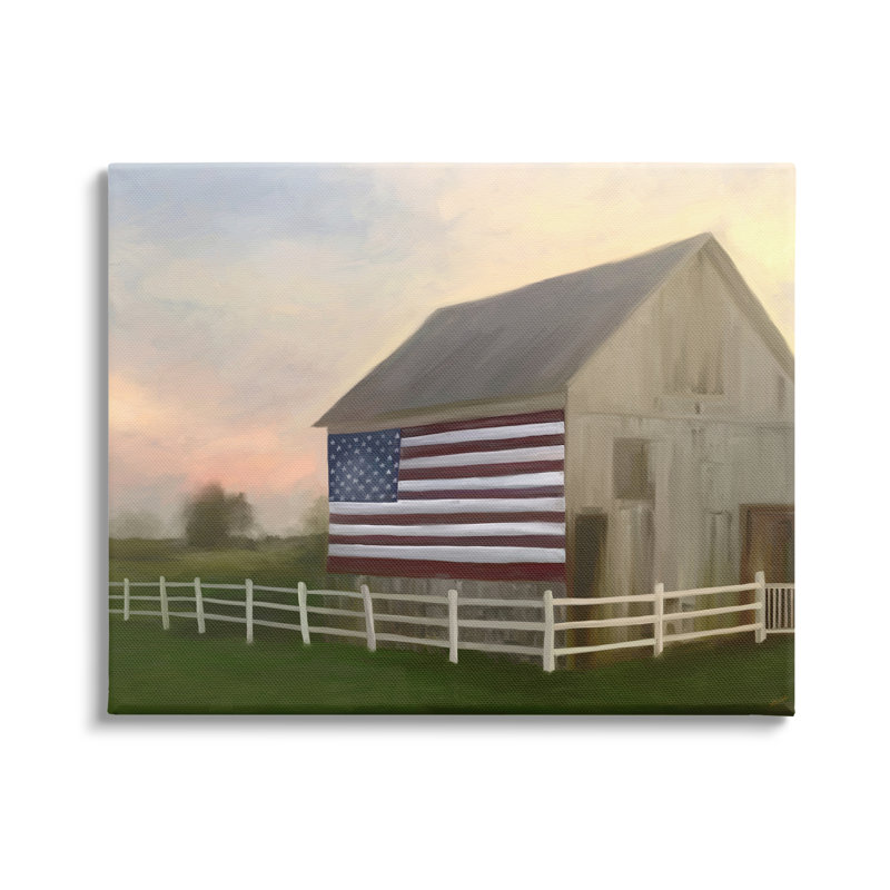 «American Flag», «Barn Barn Sunset Farm Landscape» par Amy Hall, peinture sur toile à cadre flottant