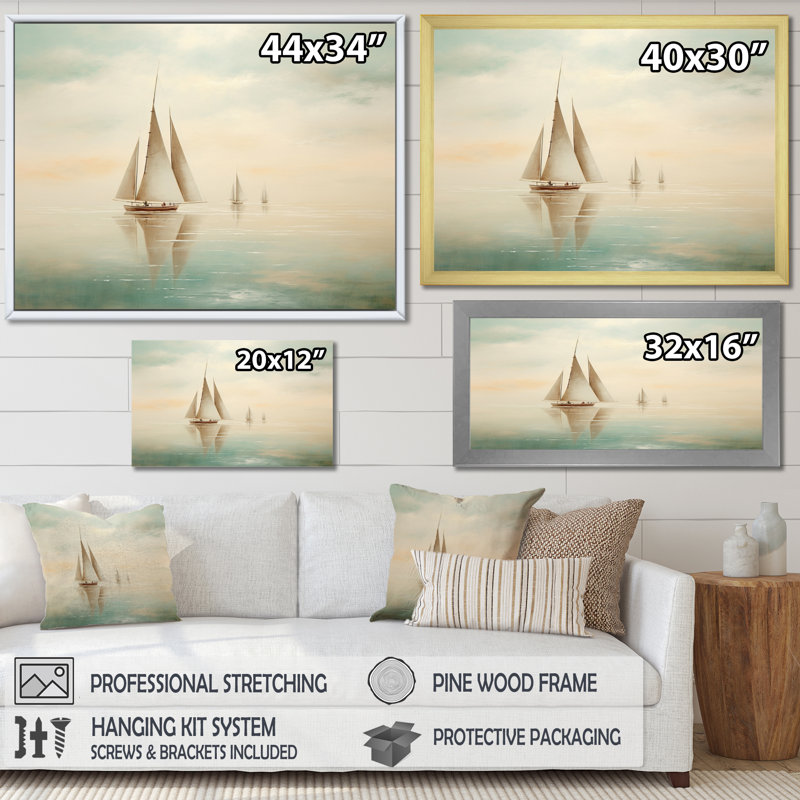 «Beige Boat Minimalisme I», reproduction d'art sur toile, Cadre simple noir, H 24 po x l 32 po x P 1 po