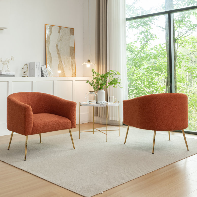 Fauteuil demi-tonneau Jameila, Fausse fourrure orange, Doré, 2