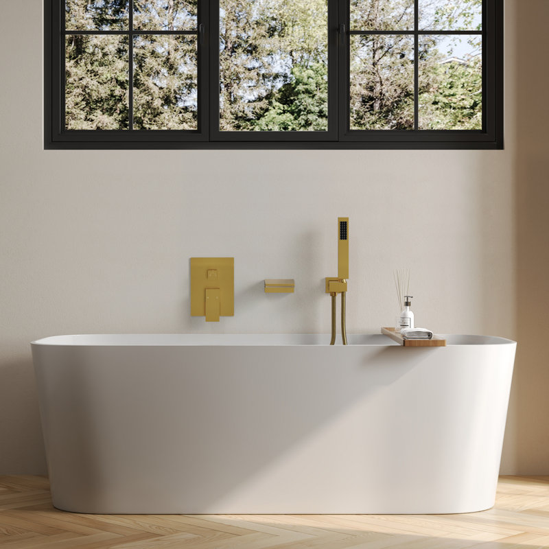 Waterfall Bathtub Faucets with Pressure Balance Valve, Wall Mounted Tub Spout with Handheld Spray, Brushed Gold