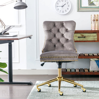 Chaise de bureau grise, fauteuil de bureau capitonné en velours avec base en métal doré, chaise de bureau pivotante réglable