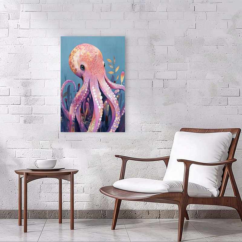 Art mural nature fantaisiste, pieuvre rose, pieuvre vibrante et colorée, H 36 po x l 24 po