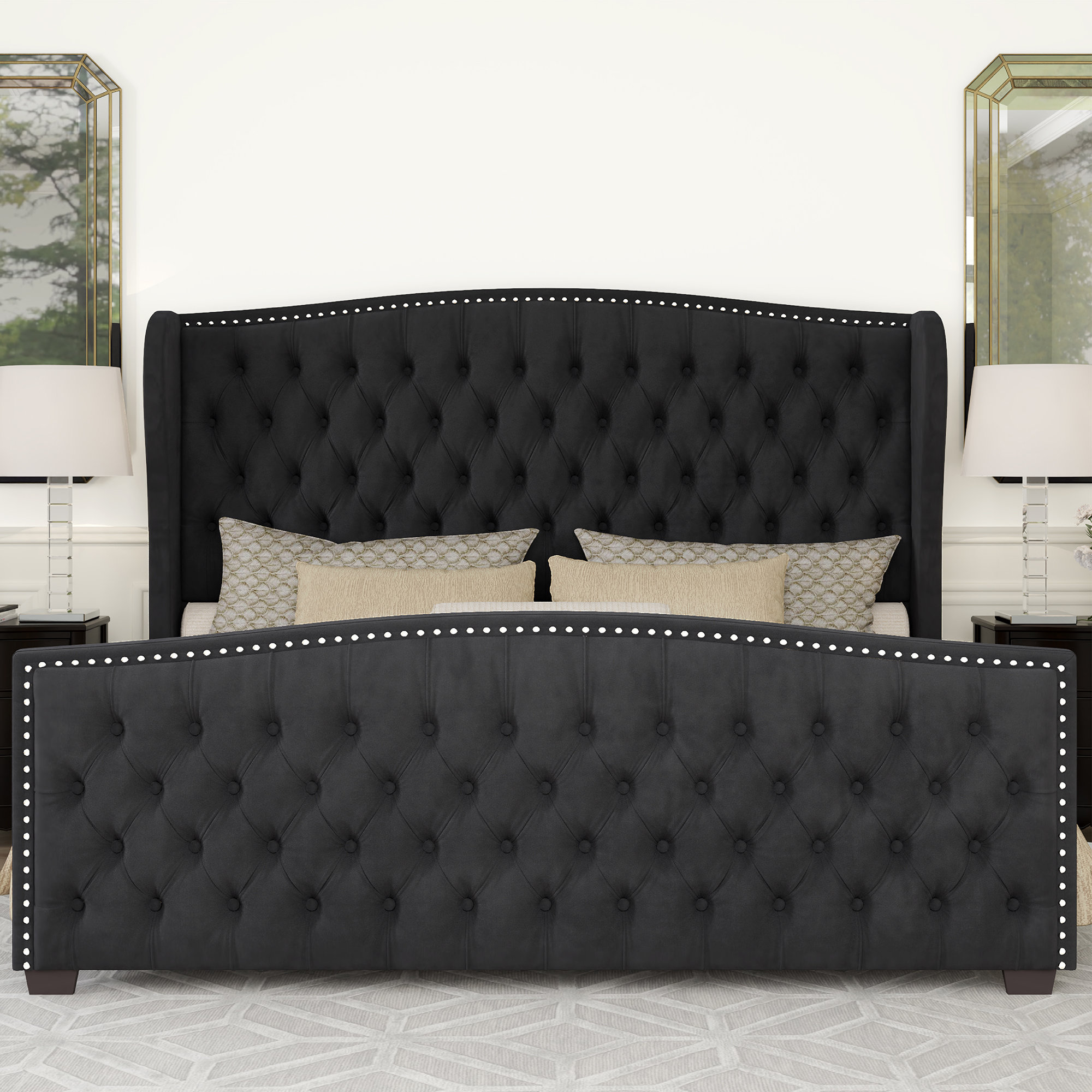 DuJuan Deep Button Tufted Upholstered Bed with Nailhead Trim Wingback Headboard