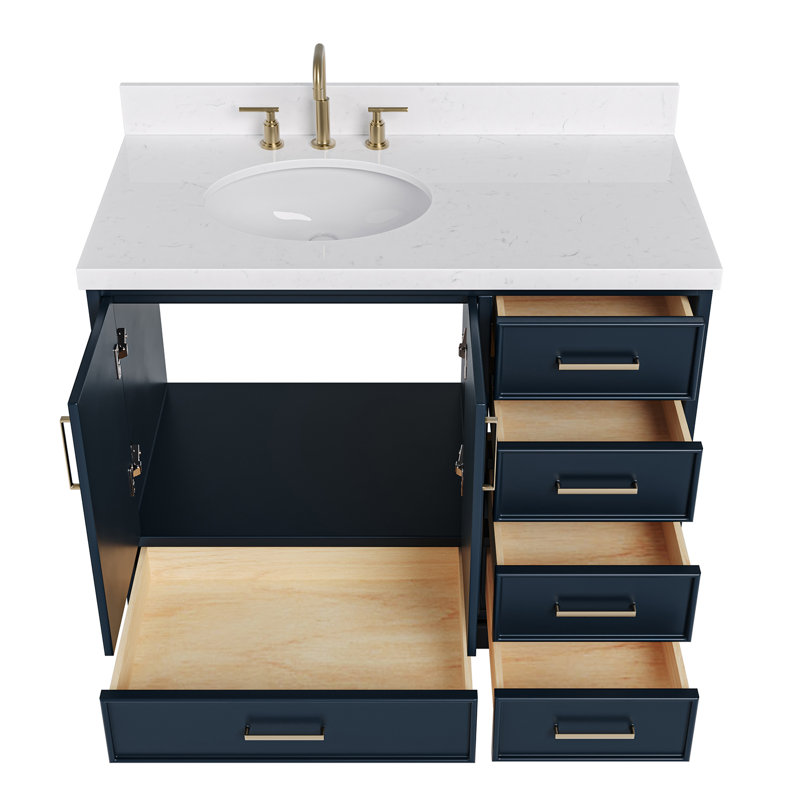 42.25'' Single Bathroom Vanity with Carrara Quartz Top, Midnight Blue