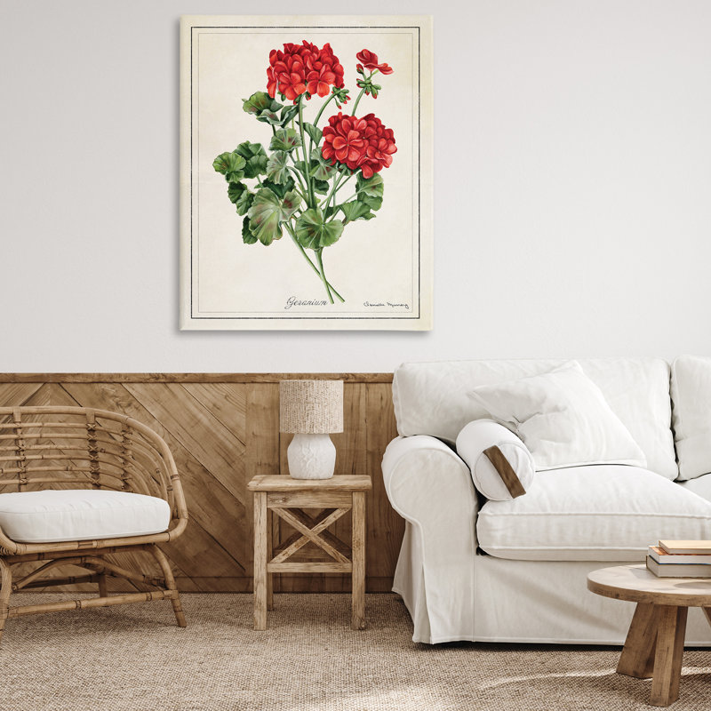 «Vivid Red Geranium Blossoms», art mural par Danielle Murray, H 36 po x l 48 po