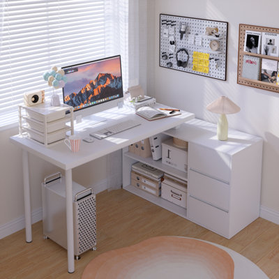 Built-in Outlets L-Shaped Computer Desk with Drawers & Storage Shelves